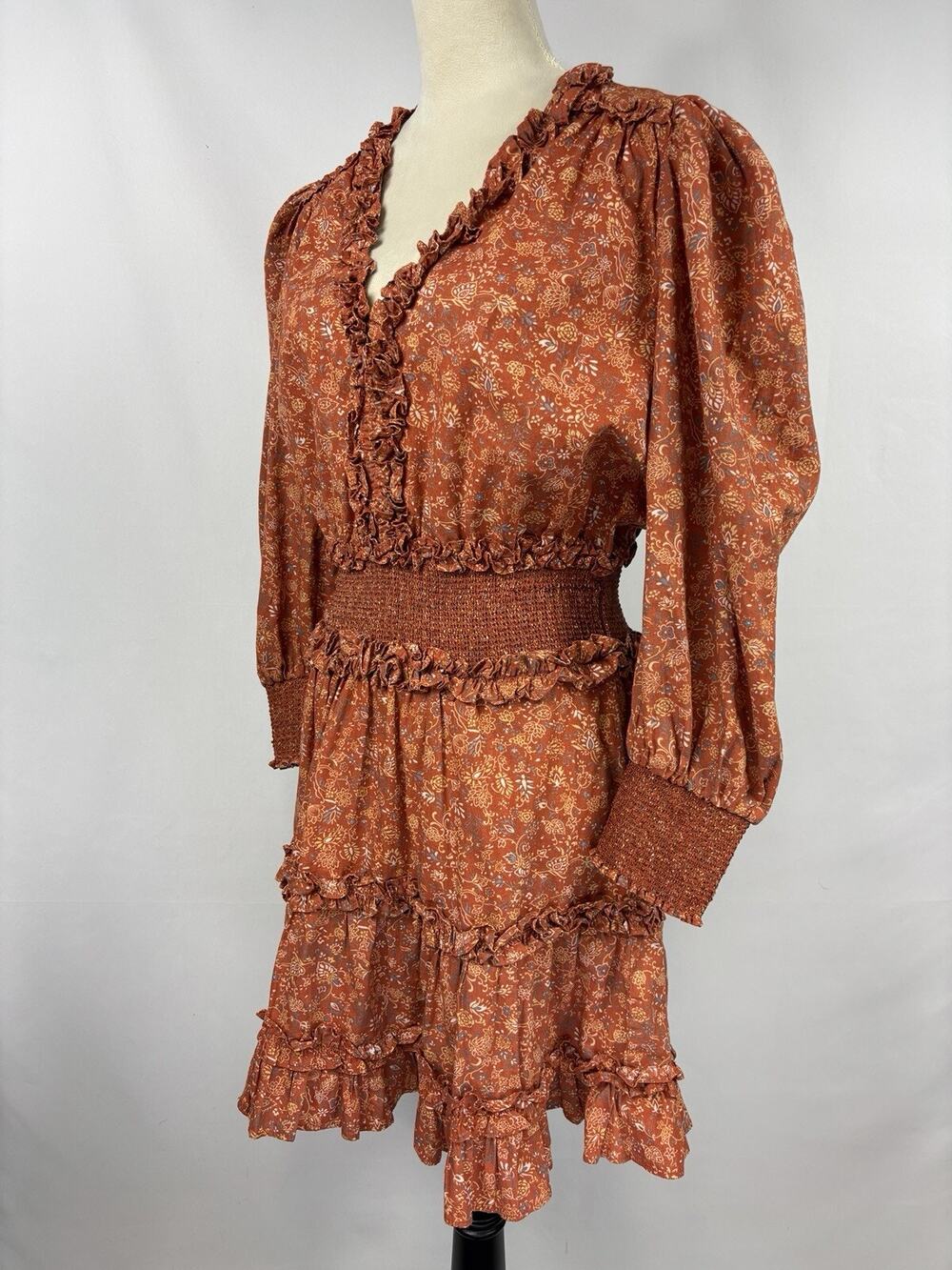 House of Harlow 1960 Wallis Peasant Dress Orange Rust Floral Large Shirred Waist